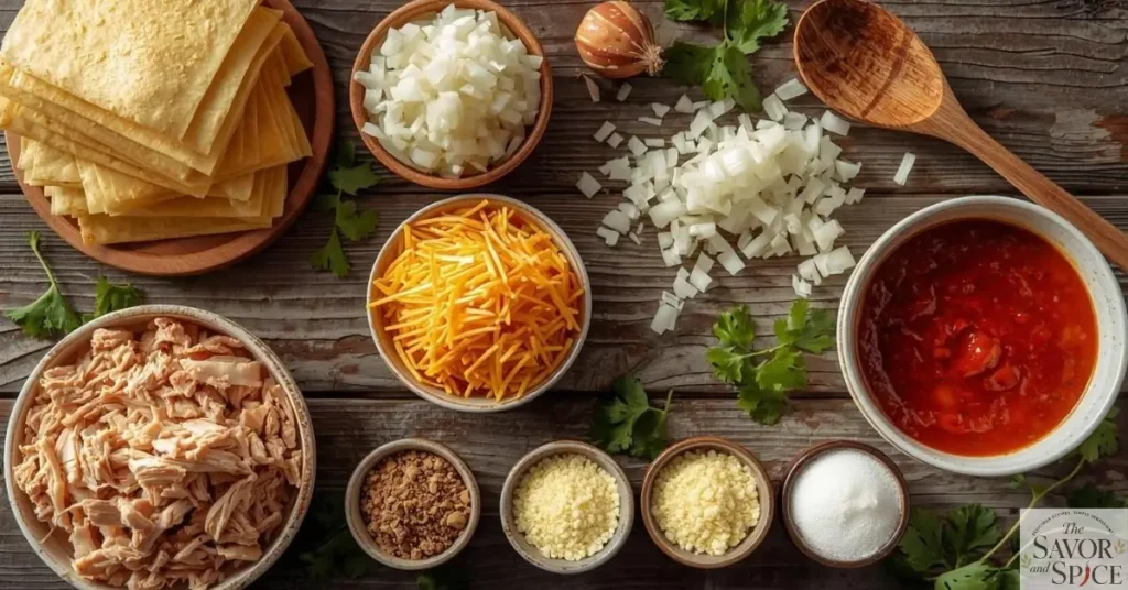 Ingredients for Easy Chicken Enchilada Recipe – shredded chicken, flour tortillas, shredded cheese, enchilada sauce, sautéed onions, and spices arranged on a wooden kitchen counter.