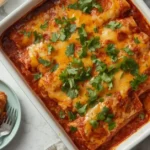 Easy Chicken Enchilada Recipe – baked enchiladas with melted cheese and rich red sauce, garnished with fresh cilantro.