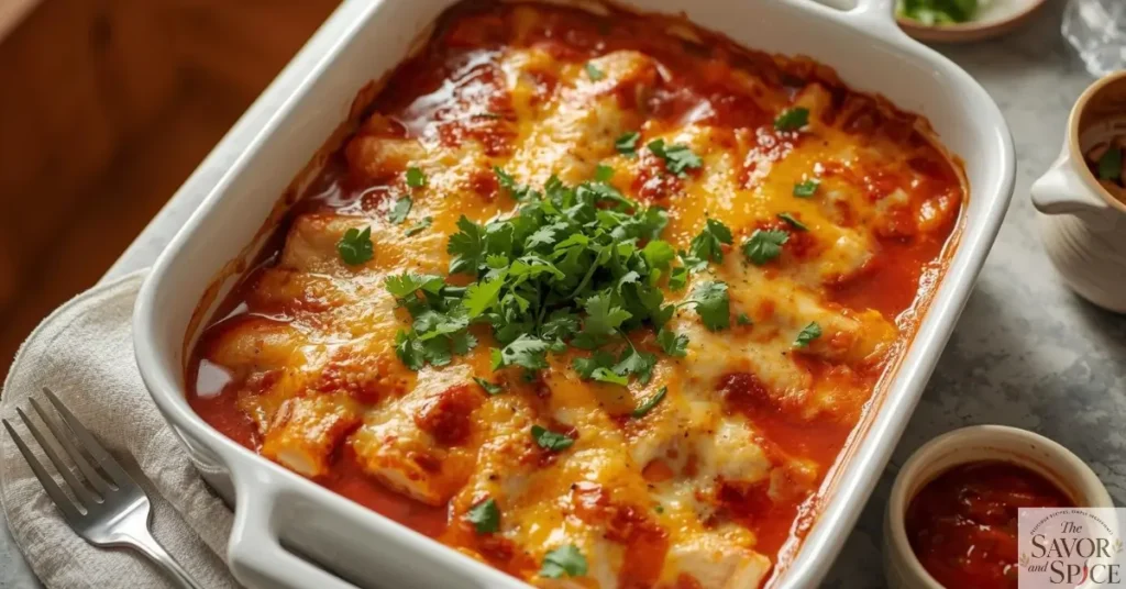 Easy chicken enchilada recipe served with fresh cilantro.