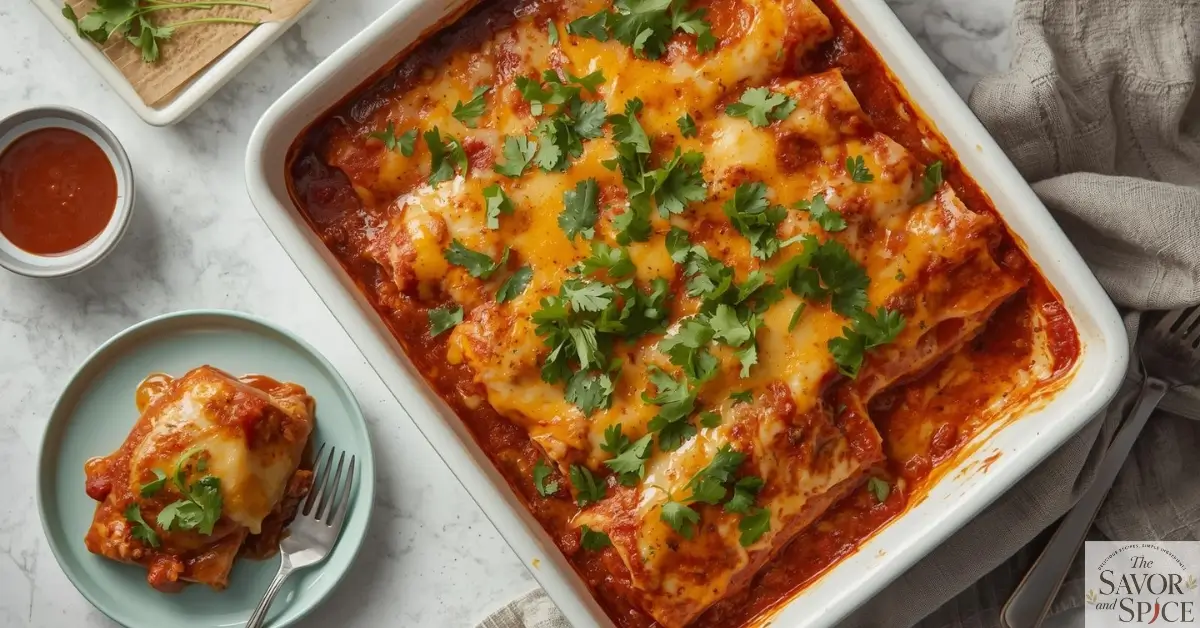 Easy Chicken Enchilada Recipe – baked enchiladas with melted cheese and rich red sauce, garnished with fresh cilantro.