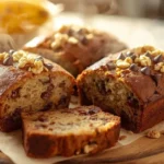 Freshly baked easy mini banana bread recipe just out of the oven, sliced to show moist interior with chocolate chips and walnuts.