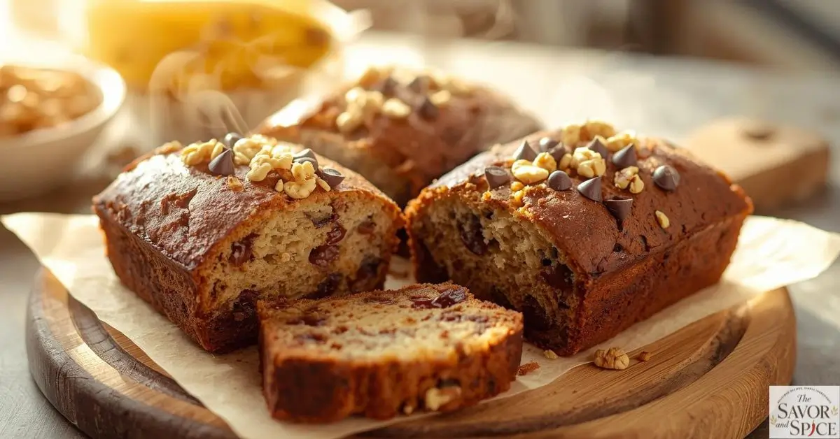 Freshly baked easy mini banana bread recipe just out of the oven, sliced to show moist interior with chocolate chips and walnuts.