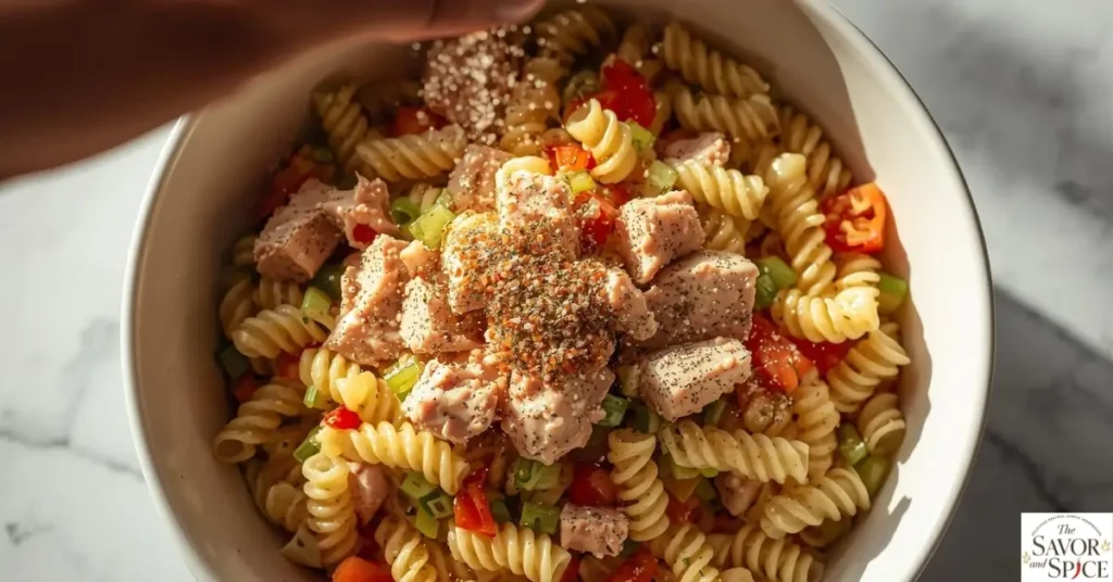 Hand sprinkling salt, pepper, and dried herbs over a glass bowl filled with tuna pasta salad, showing colorful pasta, tuna, and diced veggies in a bright kitchen setting.