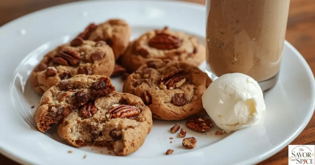 Gluten-free pecan pie cookies on a white ceramic plate served with a glass of Mexican horchata and a scoop of vanilla ice cream.