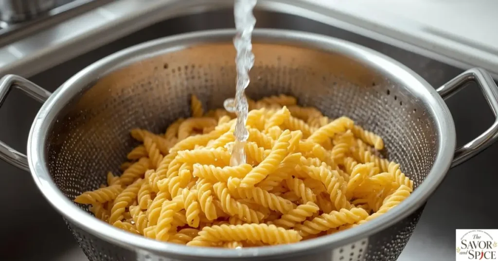 Cooked rotini (curly) pasta being drained in a colander under cold running water in a kitchen sink.