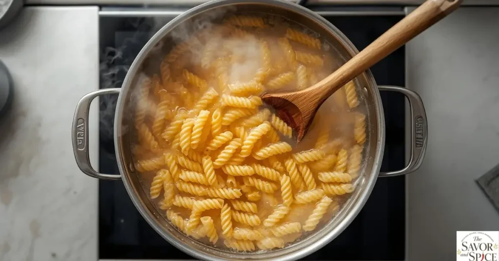 Rotini (curly) pasta boiling in a large pot of salted water on the stove, with steam rising and a wooden spoon stirring.