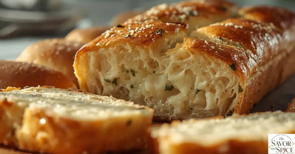 Golden Italian herb and cheese bread loaf topped with melted mozzarella and parmesan and garlic butter.