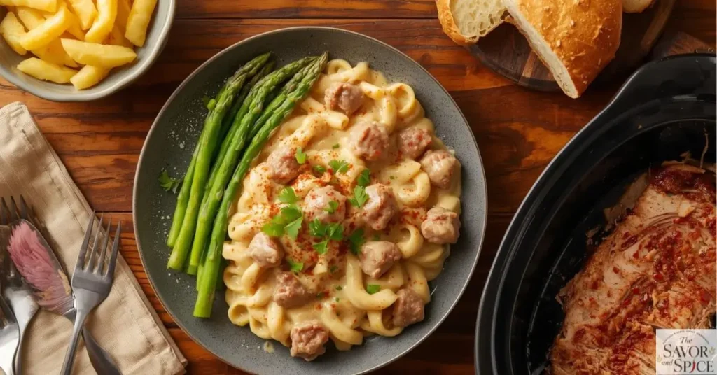 Hamburger Helper Stroganoff served on a plate with creamy sauce and elbow macaroni, accompanied by crispy air fryer asparagus, golden garlic bread, and pulled pork from a crock pot, set on a cozy wooden table.