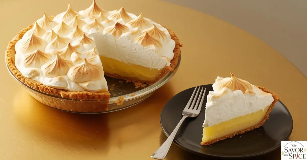 How to make lemon meringue pie – whole pie with one slice served on a plate with fork, golden meringue and creamy lemon filling.