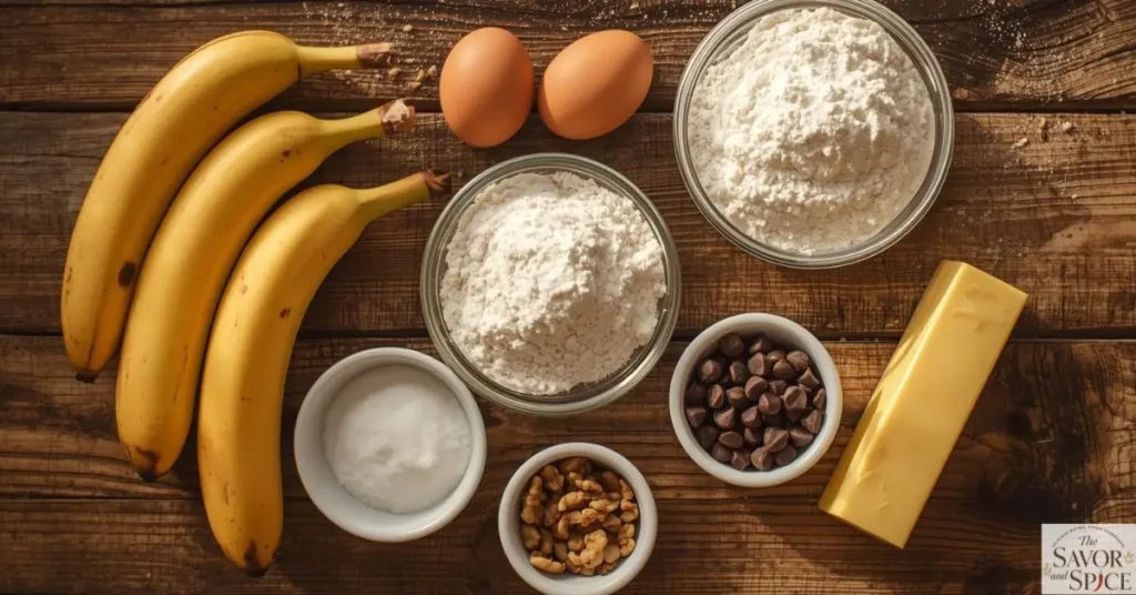 Ingredients for easy mini banana bread: bananas, eggs, flour, sugar, butter, chocolate chips, and walnuts.