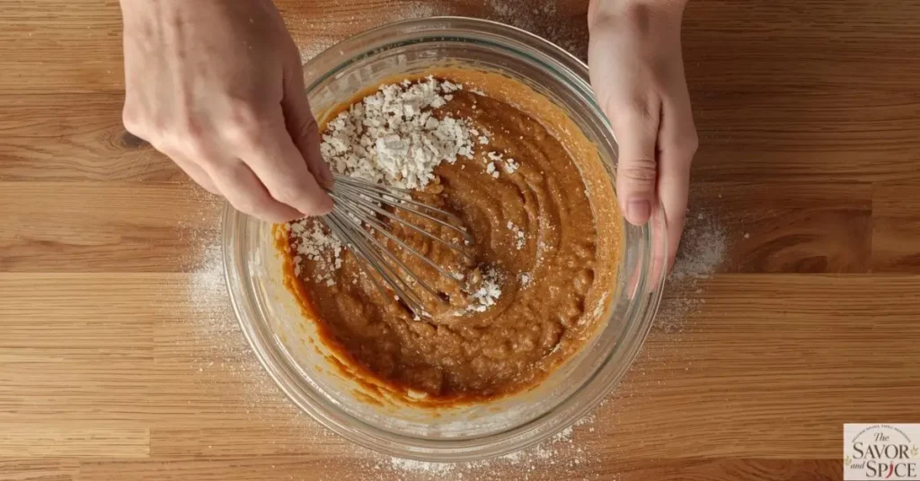 Easy mini banana bread muffins recipe mixing wet & dry ingredients.