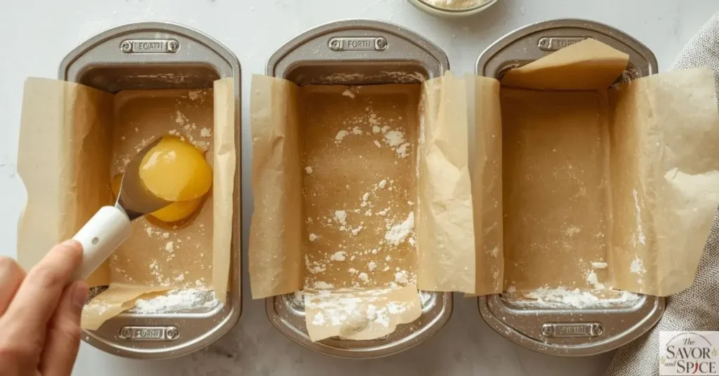 Mini loaf pans greased and lined with parchment paper for easy mini banana bread recipe.