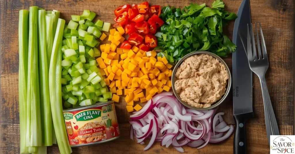 Freshly chopped celery, red, yellow, and green bell peppers, and red onion on a cutting board next to a can of flaked tuna.