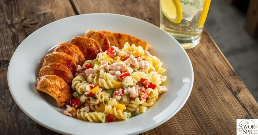 Tuna pasta salad served with chicken and lemonade.