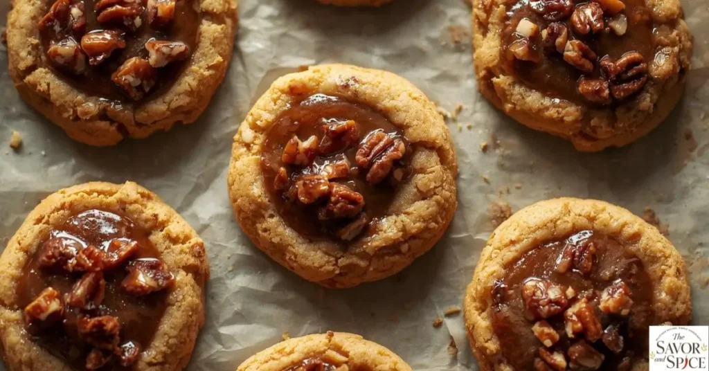 Gluten-free pecan pie cookies baked golden brown, ready to serve.