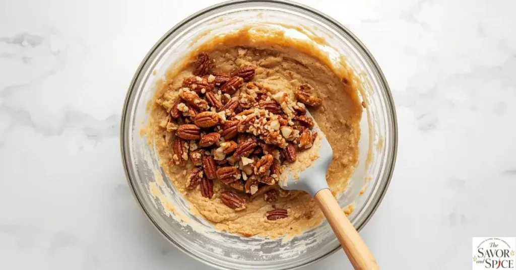 pecan pie cookie batter in a glass bowl with chopped pecans folded in using a spatula.