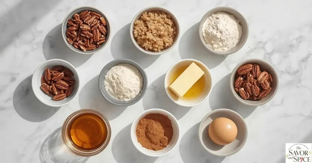 Flat-lay of ingredients for gluten-free pecan pie cookies arranged neatly on a light marble surface, including pecans, gluten-free flour, butter, brown sugar, eggs, and maple syrup.
