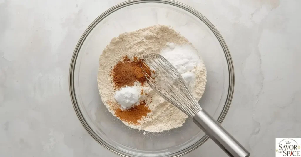 Overhead view of gluten-free flour, cinnamon, salt, and baking powder being mixed in a glass bowl for pecan pie cookies.