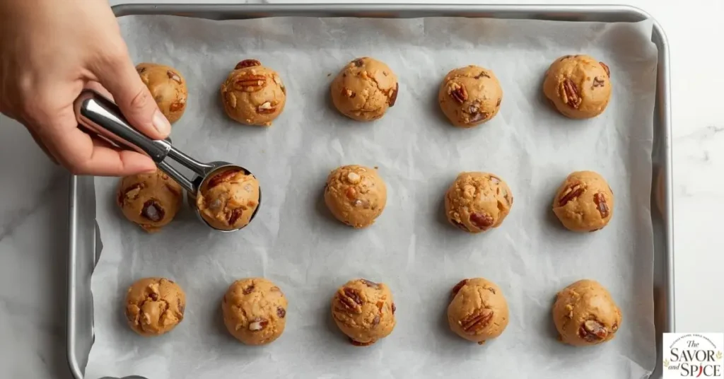 scooping and gently pressing gluten-free pecan pie cookie dough onto a parchment-lined baking tray with visible chopped pecans.