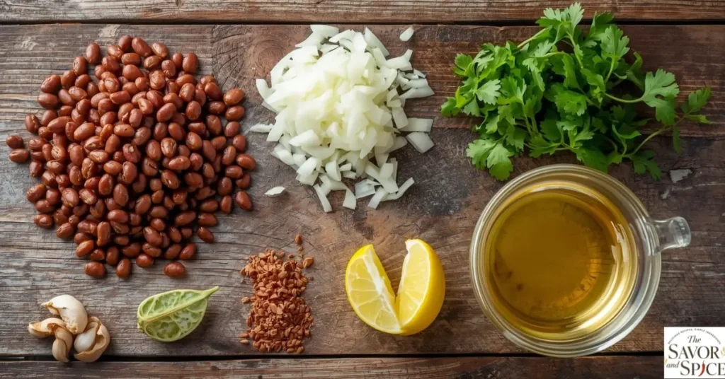 Flat lay of ingredients for Instant Pot Pinto Beans: dried pinto beans, onion, garlic, cumin, bay leaf, cilantro, lime wedges, and water/broth on a wooden table.