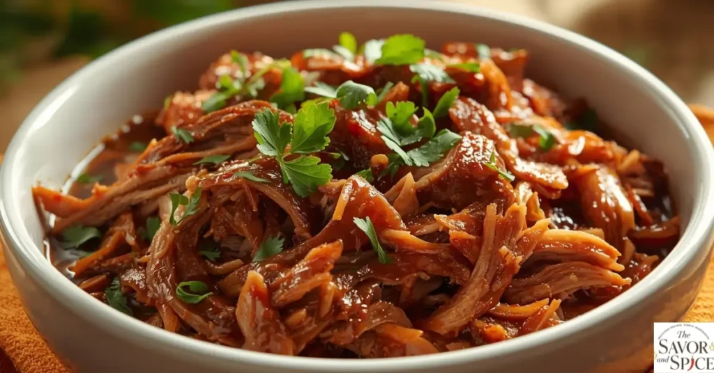 Shredded pulled pork in a rustic bowl garnished with fresh green herbs – juicy pulled pork crock pot recipe