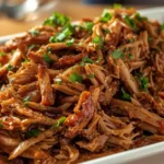 Shredded pulled pork on a white tray garnished with green herbs – juicy pulled pork crock pot recipe