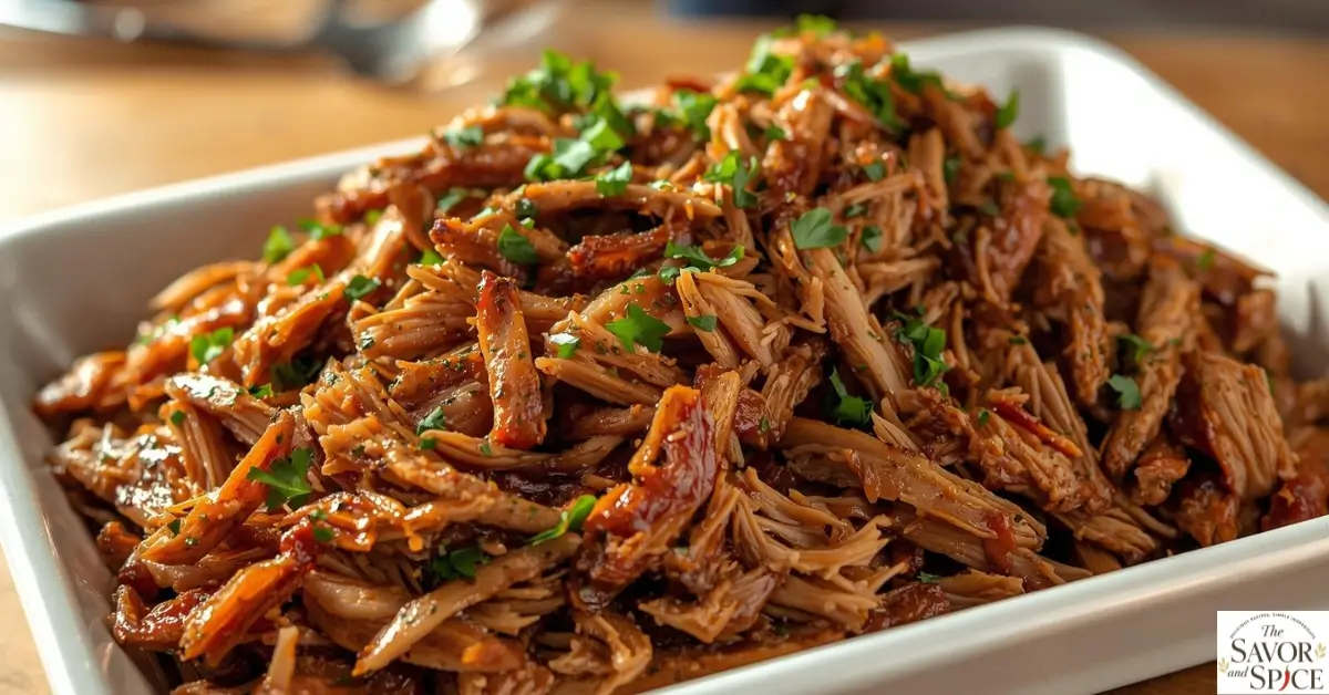 Shredded pulled pork on a white tray garnished with green herbs – juicy pulled pork crock pot recipe