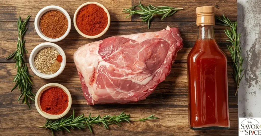 Ingredients for pulled pork crock pot recipe including raw pork shoulder, spices, BBQ sauce, and fresh herbs neatly arranged on a wooden surface