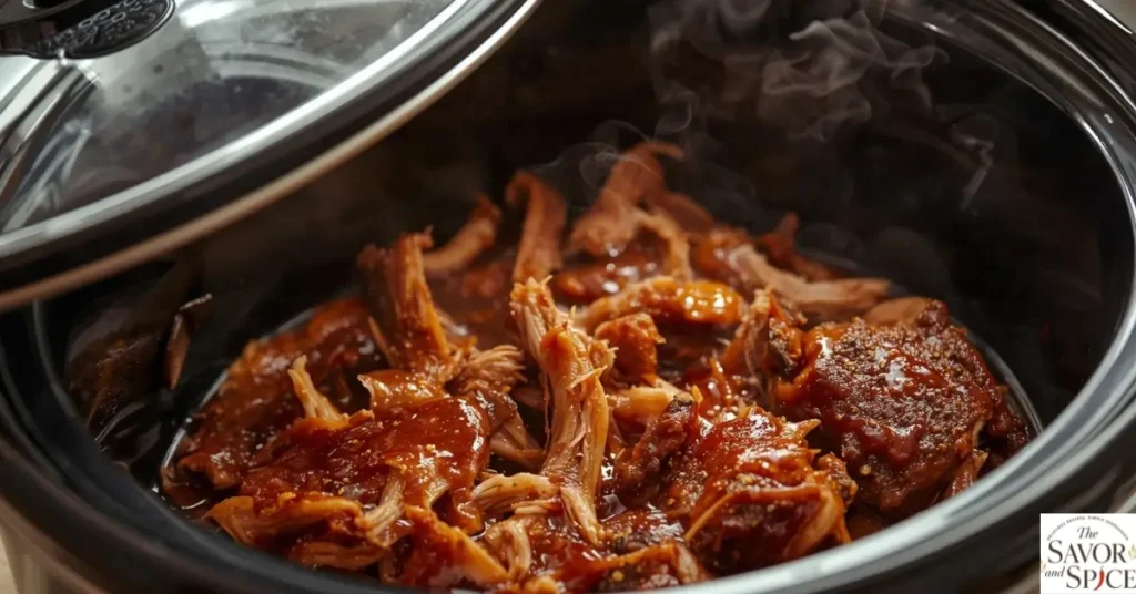 Pulled pork cooking in a Crock-Pot before shredding, with steam rising and BBQ sauce and spices visible – pulled pork crock pot recipe in progress.
