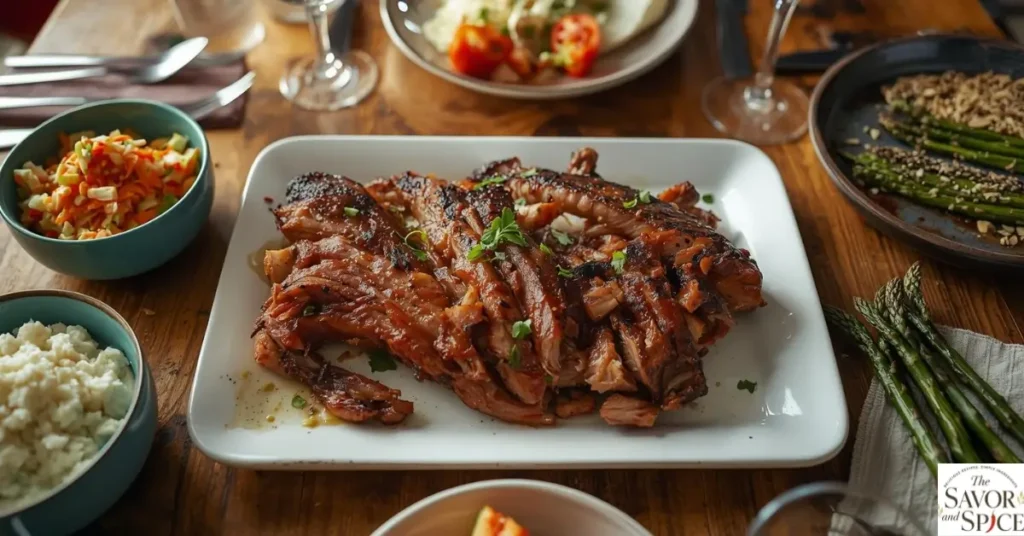 Juicy pulled pork served on a white tray on a dining table with Mexican slaw, Arroz Blanco, and roasted asparagus – pulled pork crock pot recipe ready to enjoy