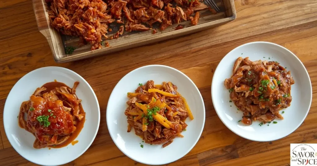 Three variations of pulled pork served on white plates with different seasonings and garnishes – pulled pork crock pot recipe options