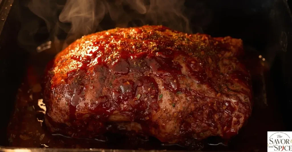 Whole pork shoulder cooking in a roaster oven with spices and BBQ sauce, steam rising – pulled pork crock pot recipe before shredding