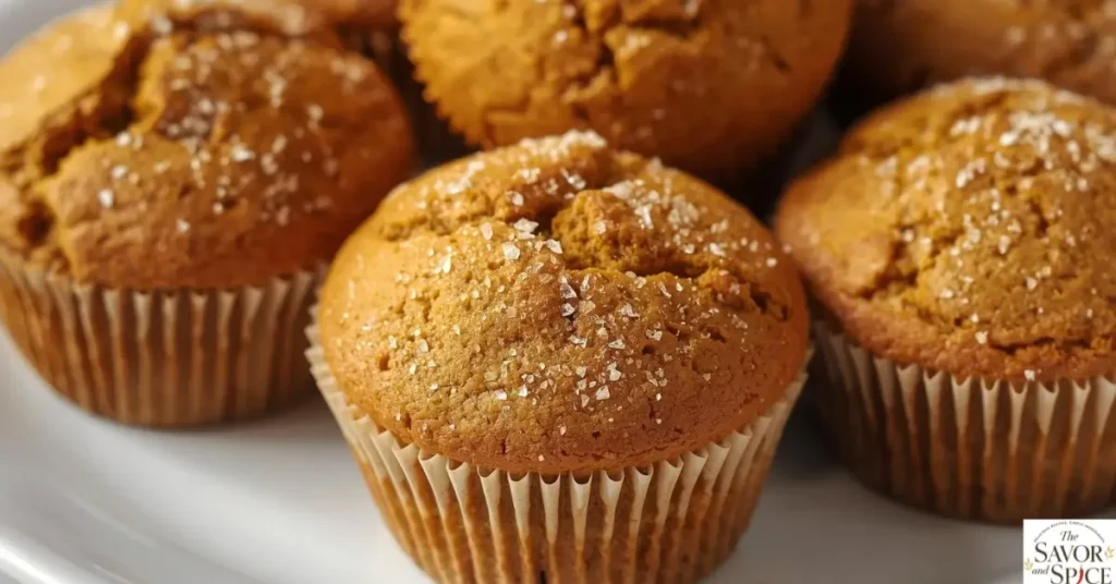 Close-up of tall, soft, bakery-style pumpkin spice muffins fresh out of the oven, golden brown tops, perfectly spiced, cozy fall treat.