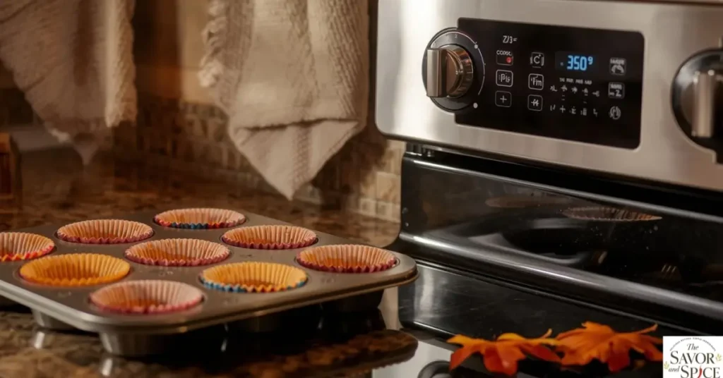 Pre-heat Oven to make pumpkin spice muffins.