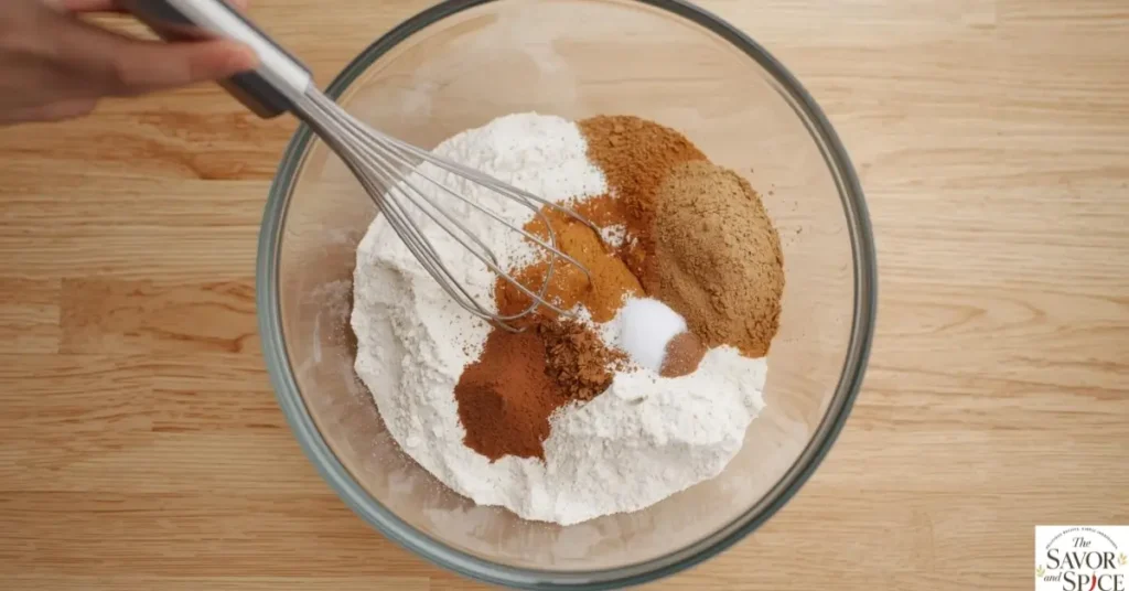 Mixing dry ingredients to make pumpkin spice muffins.