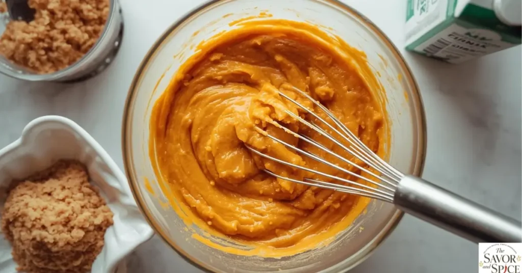 Mix wet ingredients to make pumpkin spic muffins.