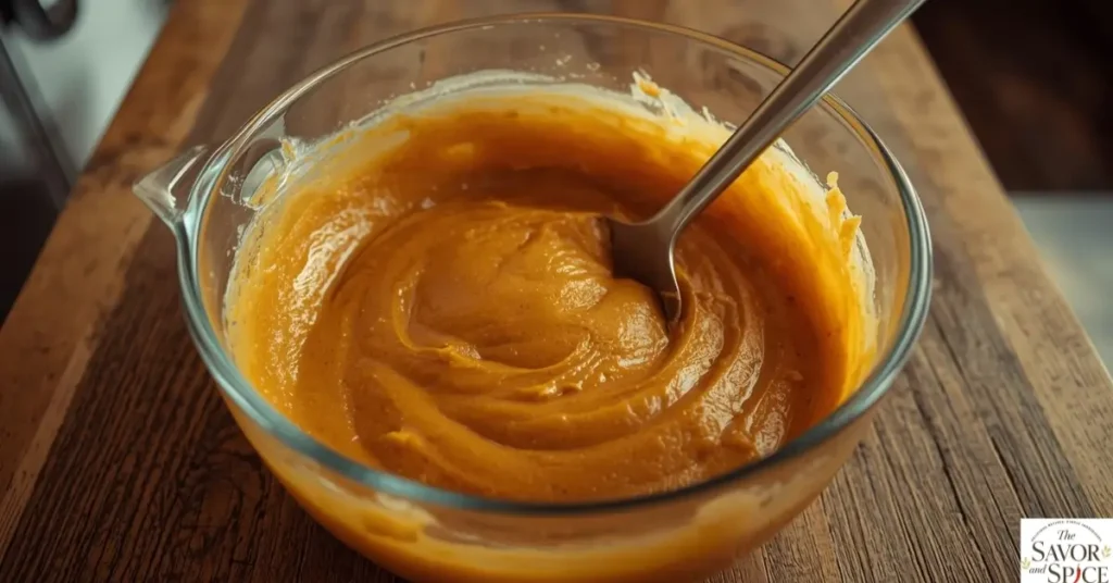 Fold dry ingredients into wet ingredients to make pumpkin spice muffins.