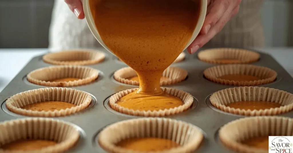 pour pumpkin spice batter into muffins tin.