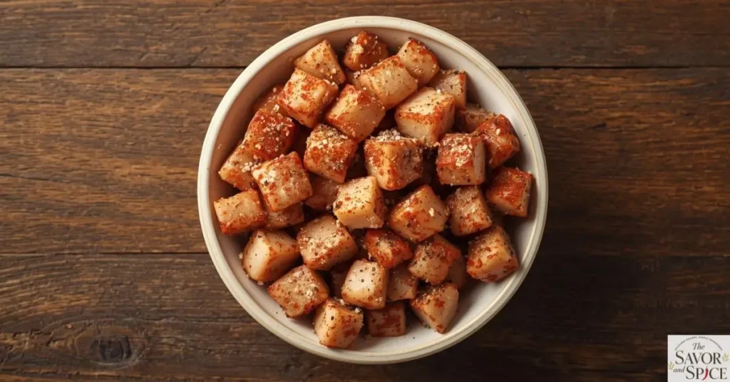 Chicken cut into cubes and seasoned with salt & pepper for red lobster biscuit chicken casserole.