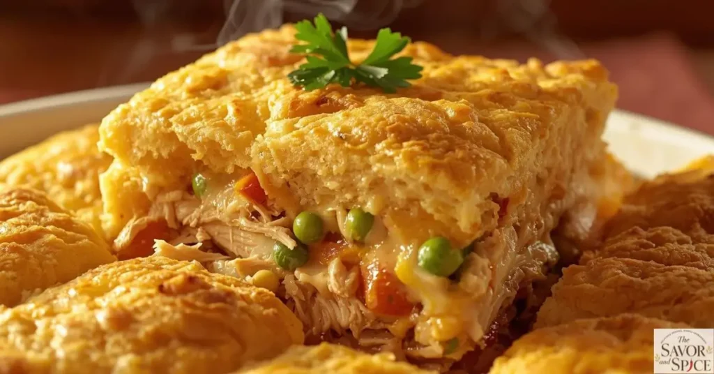 A close-up of creamy red lobster biscuit chicken casserole.