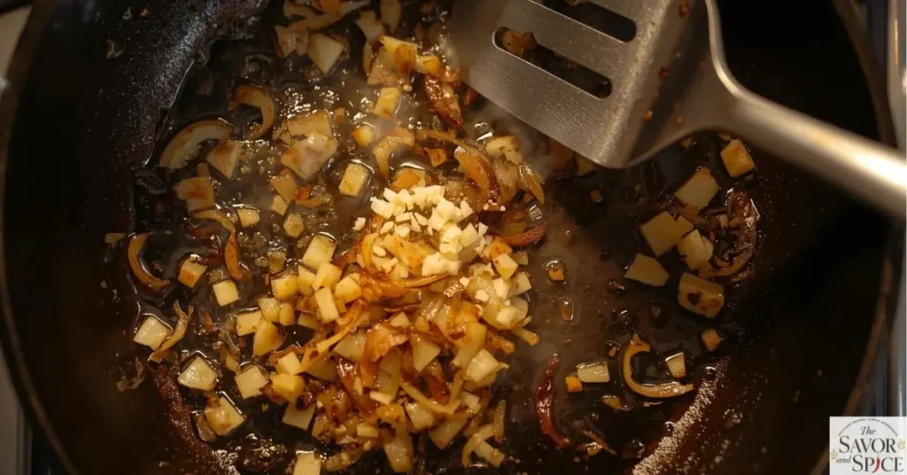 Onion & garlic being sautéed to make creamy red lobster biscuit chicken casserole.
