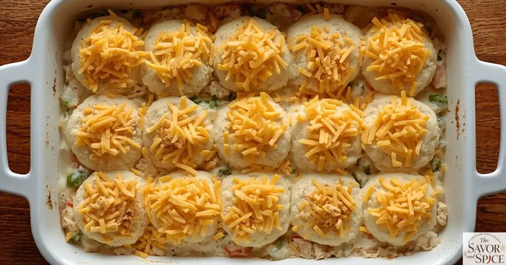 Easy red lobster biscuit chicken casserole ready to bake.