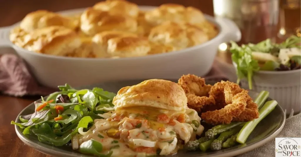Red Lobster biscuit chicken casserole served with green salad and fresh fried asparagus.