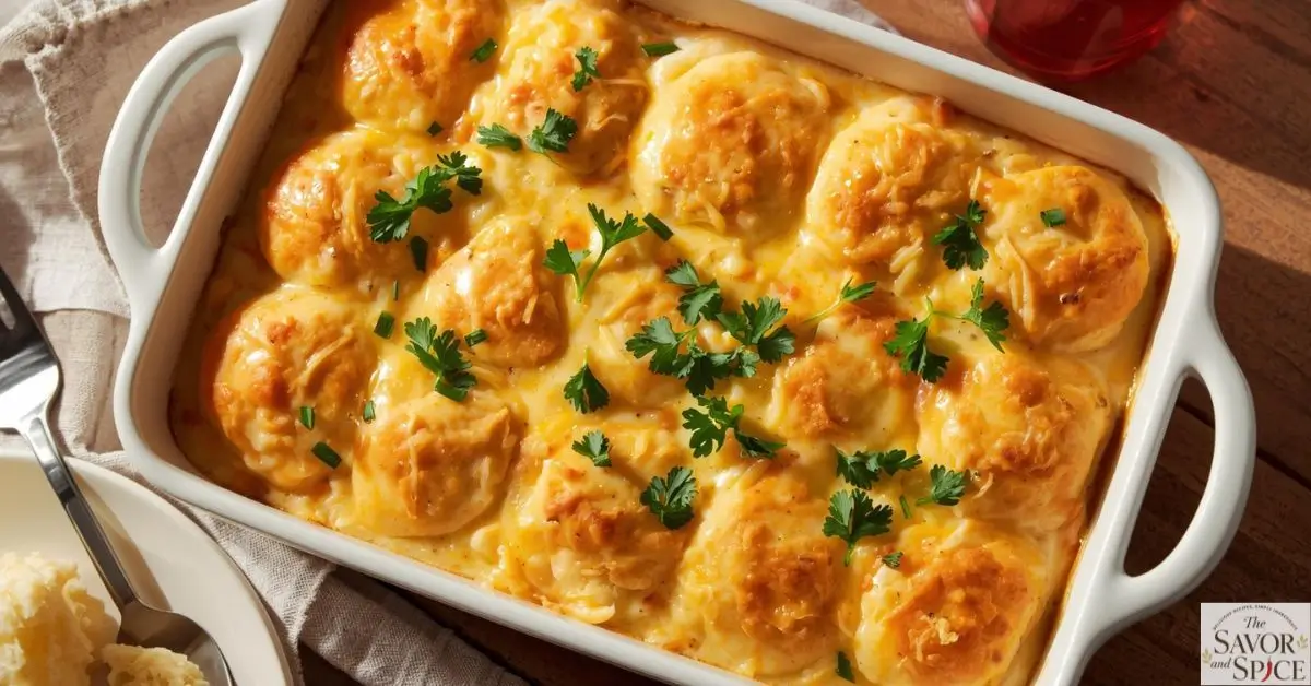 Close-up of Red Lobster Biscuit Chicken Casserole with golden-brown biscuits, creamy cheesy chicken, and herbs, served in a casserole dish.