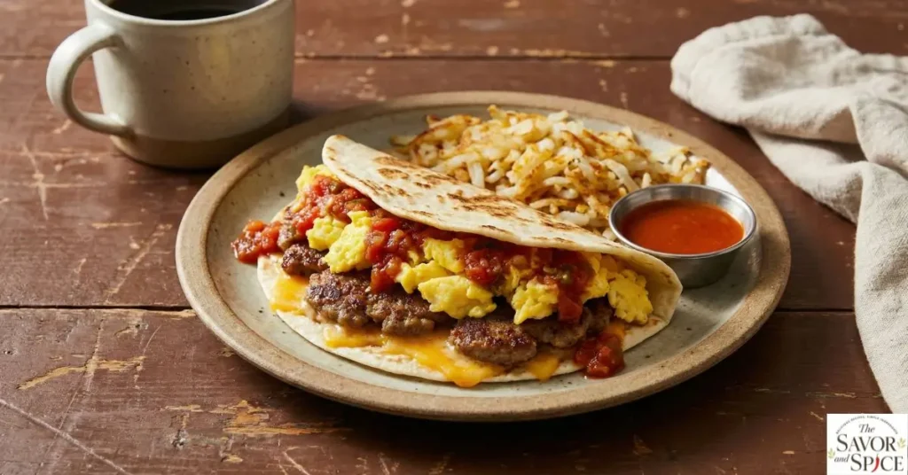 sausage smash tacos  served in white  plate.