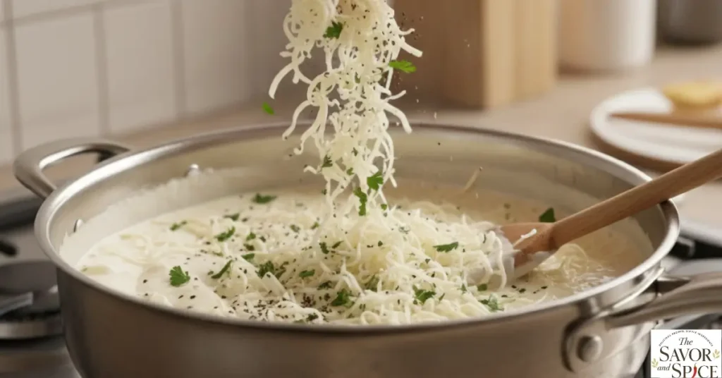 Adding cheese to the creamy alfredo pasta.