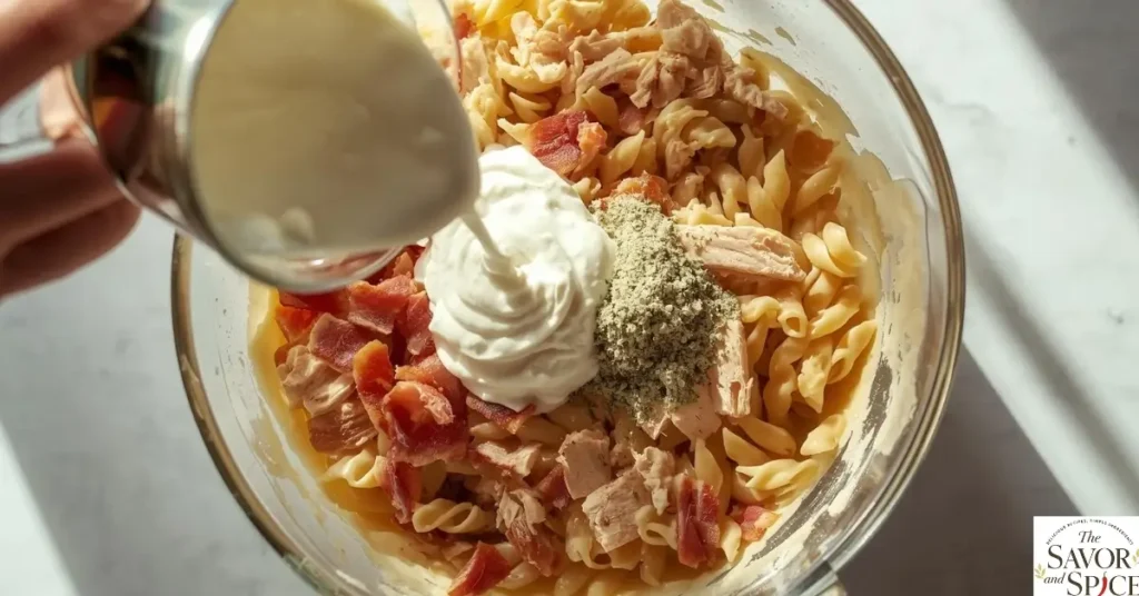 Adding heavy cream into base to make bacon ranch casserole.