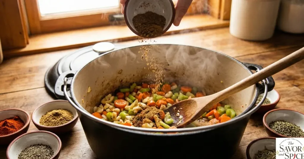 Adding seasonings to make lentil stew.