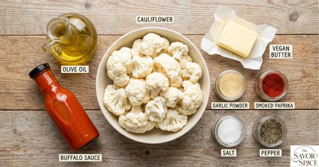Ingredients for air fryer buffalo cauliflower bites neatly arranged in the center of a wooden table.