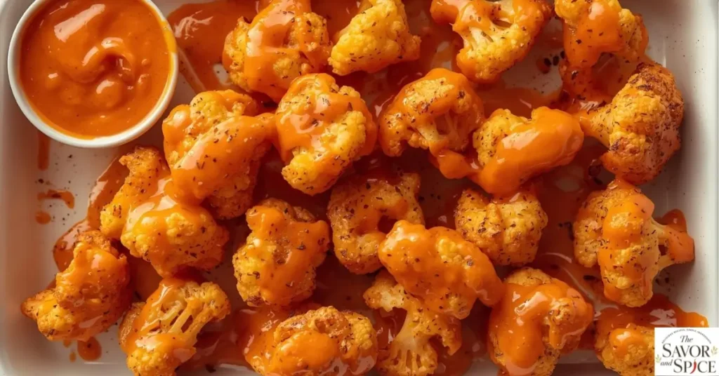 Best air fryer buffalo cauliflower bites in a white tray with buffalo sauce.